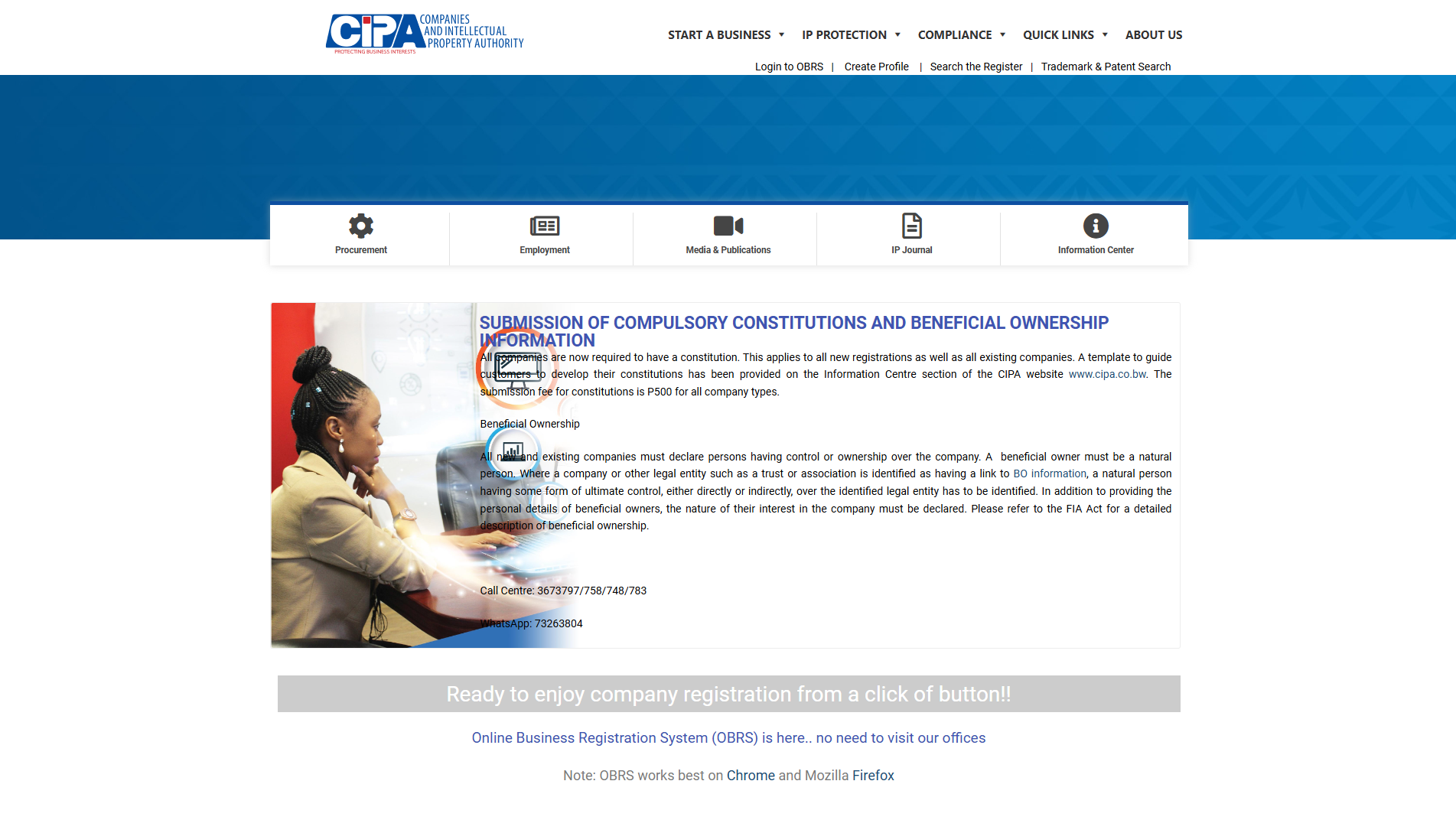 CIPA Mandates Constitution & Beneficial Ownership Declarations for All Companies | Brimco The cipa botswana website highlighting mandatory submission of company constitutions and beneficial ownership declarations