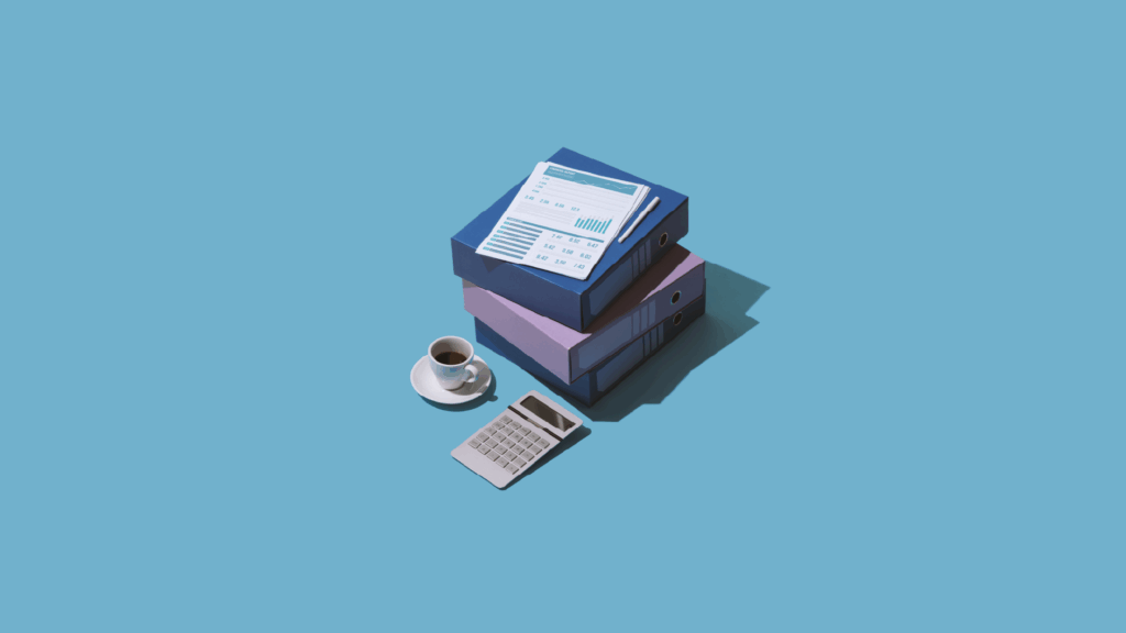 Flat lay of business binders stacked with a performance report on top two pens a cup of coffee and a calculator on a light blue background