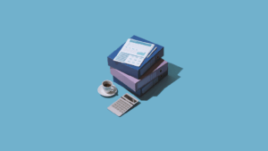 Flat lay of business binders stacked with a performance report on top two pens a cup of coffee and a calculator on a light blue background