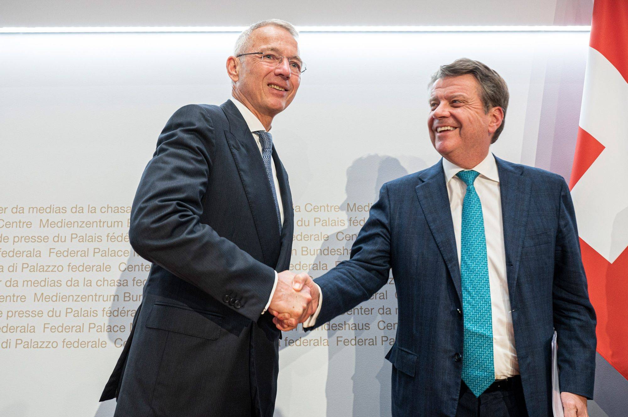 Axel lehmann chairman of credit suisse group left and colm kelleher chairman of ubs group in bern
