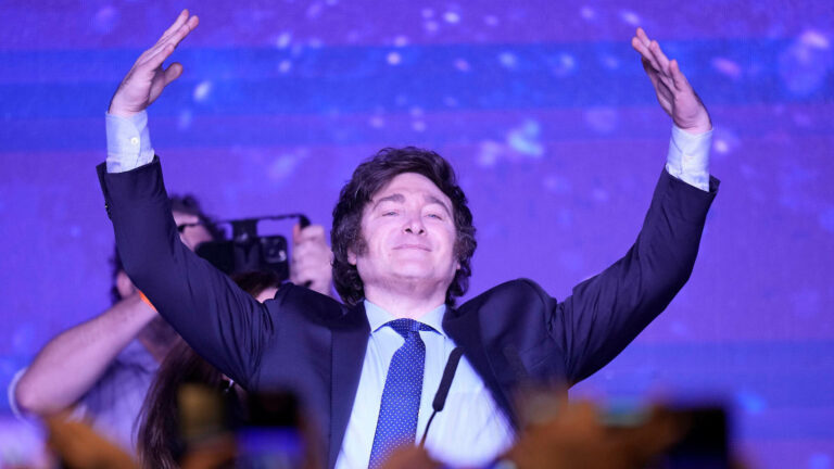 Argentine president-elect Javier Milei addresses supporters after winning Argentina's runoff presidential election, in Buenos Aires, Argentina November 19, 2023.