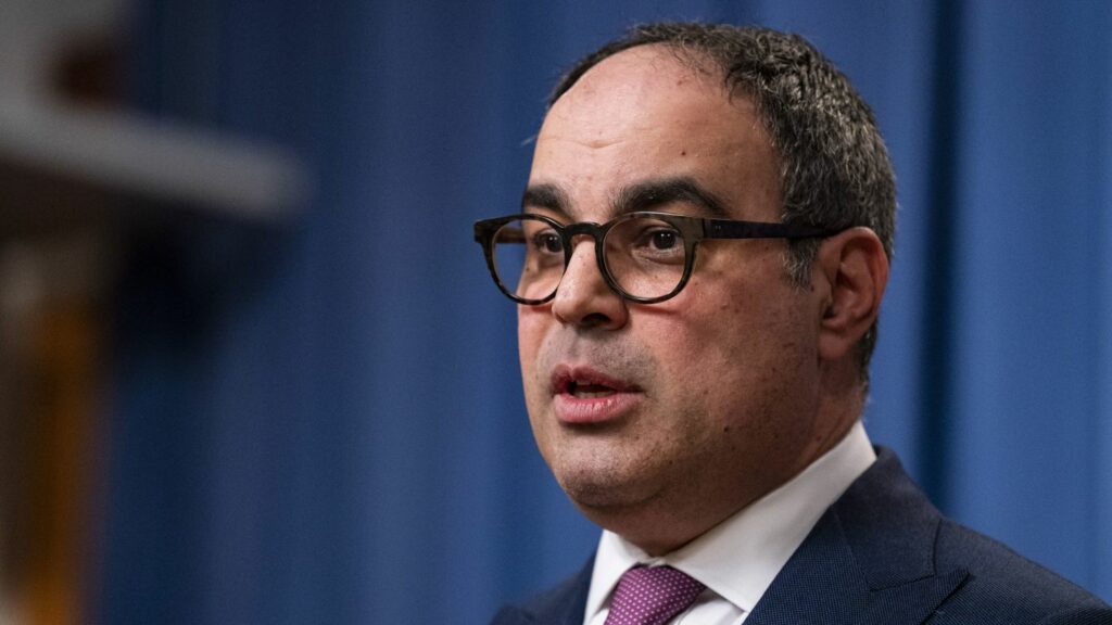 Jonathan kanter assistant attorney general of antitrust for the us department of justice speaks during a news conference at the department of justice in washington dc u