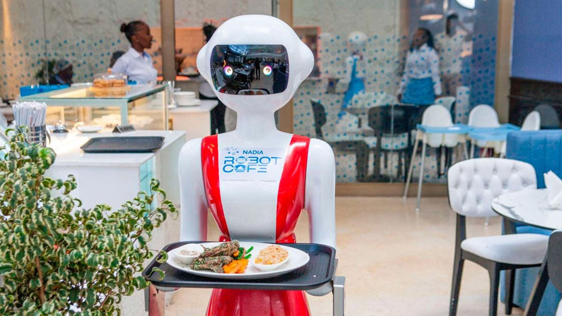 Robot Waiter Nadia Revolutionizes Dining Experience | Brimco Nadia a robot waiter at robot café holding a tray with a meal showcasing the use of robotics in the dining industry