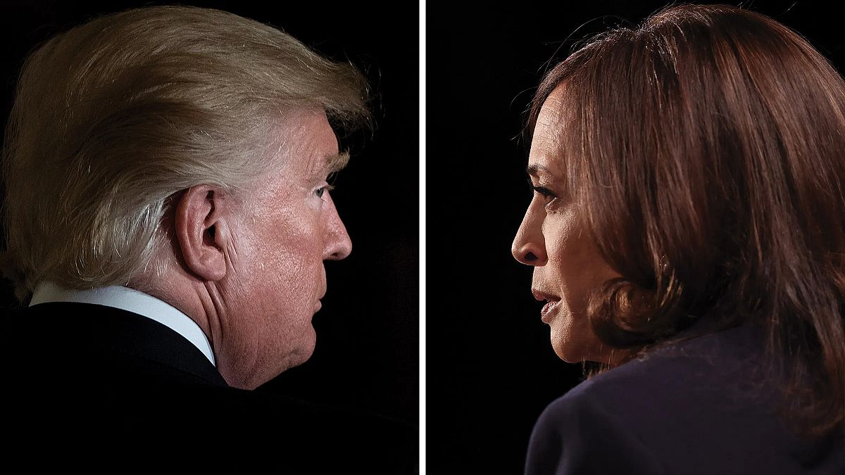 Trump vs Harris Debate | Brimco A split image of donald trump and kamala harris each shown in profile facing each other representing a clash of political ideologies