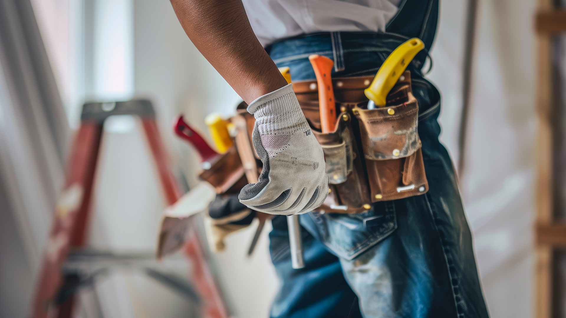 Handyman or Contractor at Work | Brimco Close up of a handymans toolbelt and gloved hand holding a tool with various equipment and a ladder in the background