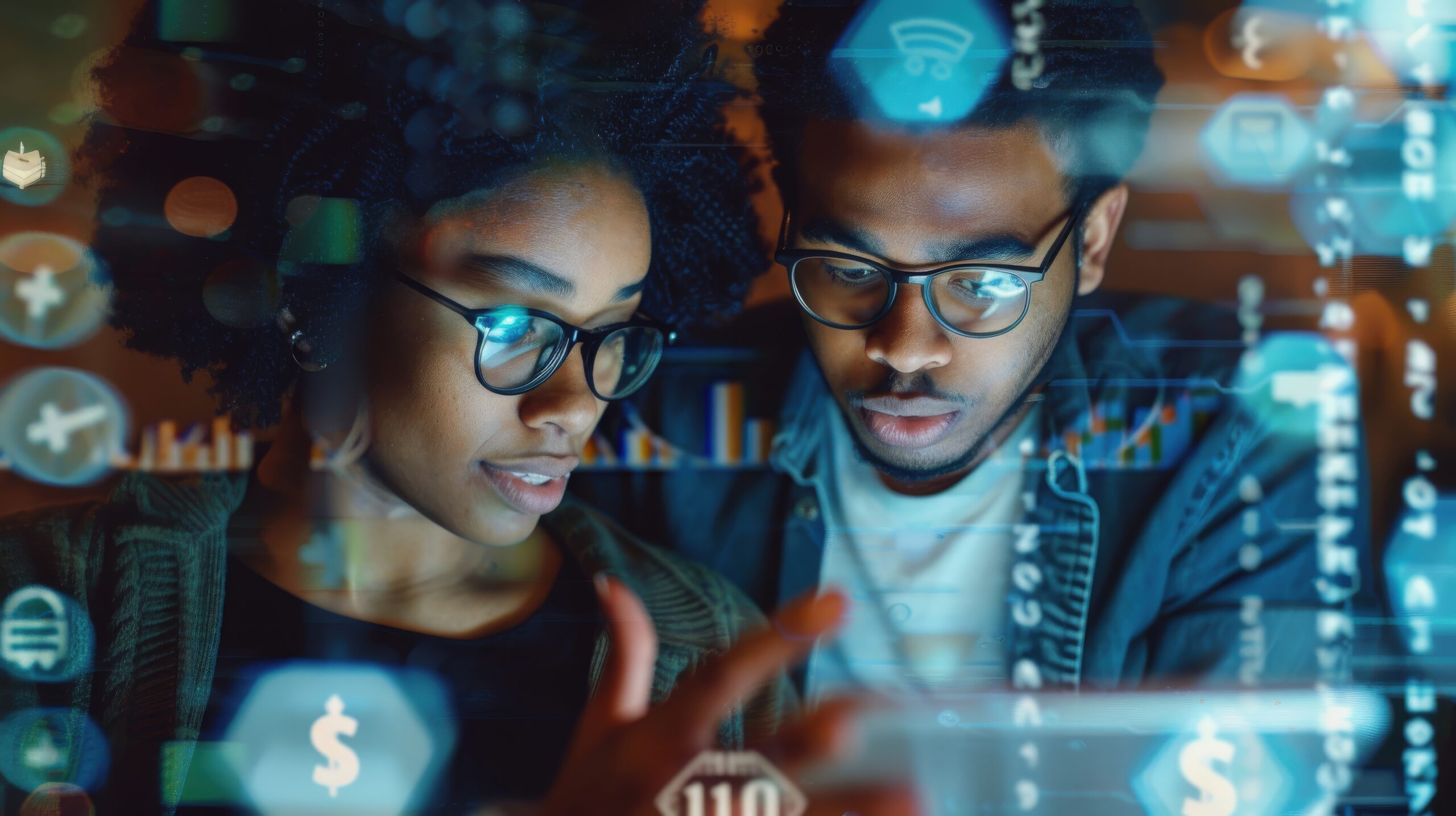 A photorealistic depiction of a young couple planning their finances on a digital tablet with an online banking app