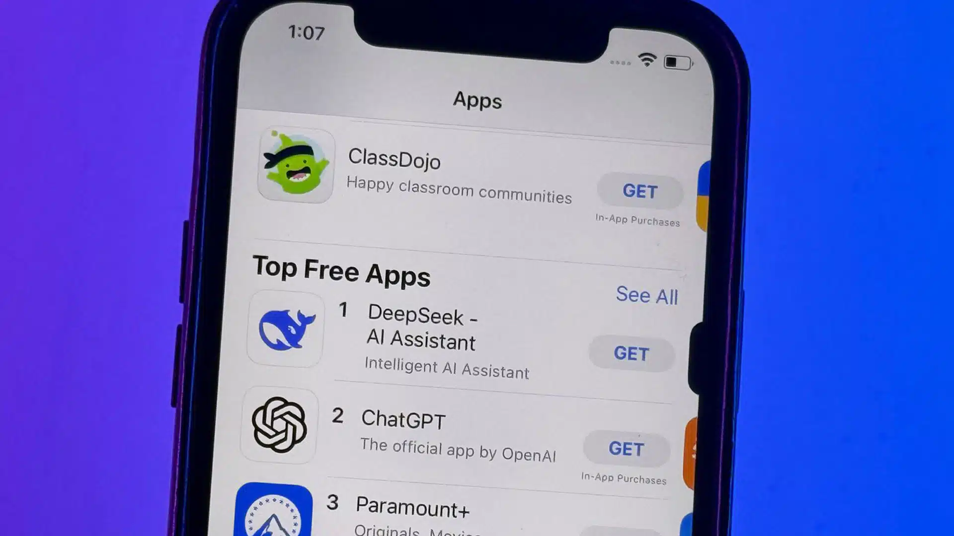 DeepSeek AI Overtakes ChatGPT as the Top Free App on the App Store | Brimco A smartphone screen showing the apple app stores top free apps with deepseek ai assistant ranked first chatgpt second and paramount+ third