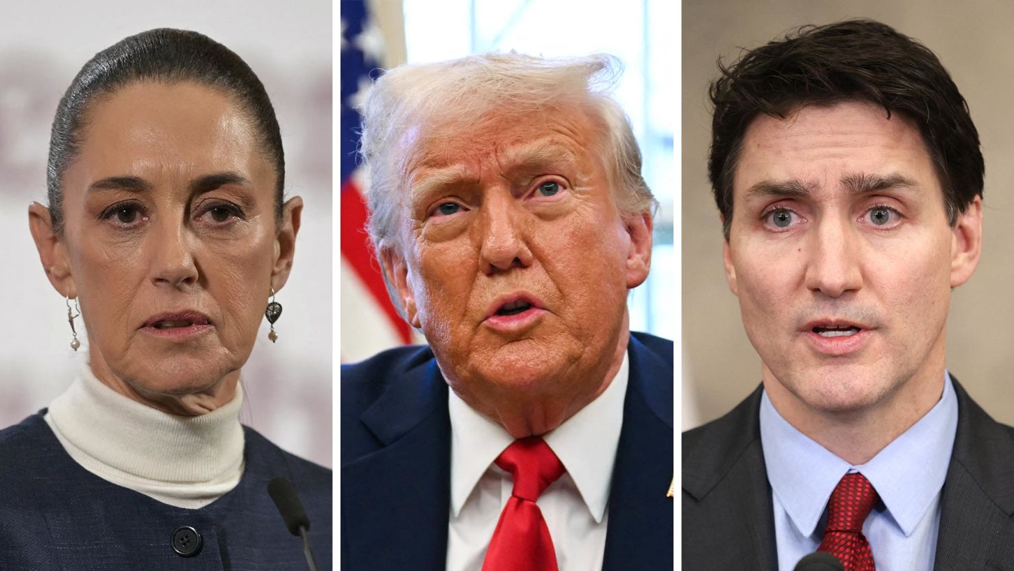 North American Leaders Respond to Trumps Tariff Decision | Brimco Mexican president claudia sheinbaum u S President donald trump and canadian prime minister justin trudeau in a split screen image reacting to new u S Trade tariffs