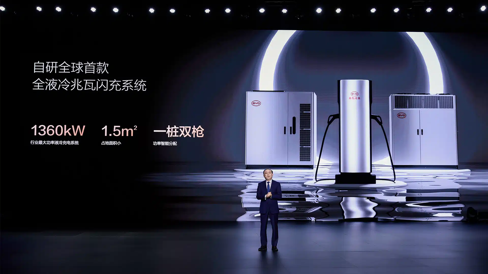 BYD Unveils Worlds First All-Liquid-Cooled Megawatt Flash Charging Terminal | Brimco Byd chairman wang chuanfu presents all liquid cooled megawatt ev charging system on stage