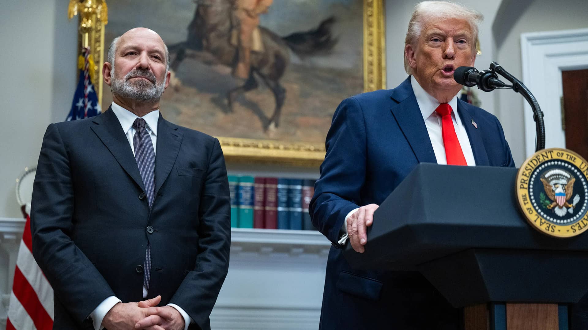 President Donald Trump Announces New Trade Policies with Commerce Secretary Howard Lutnick | Brimco Former u S President donald trump speaks at a podium in the white house with u S Senate commerce secretary howard lutnick standing beside him