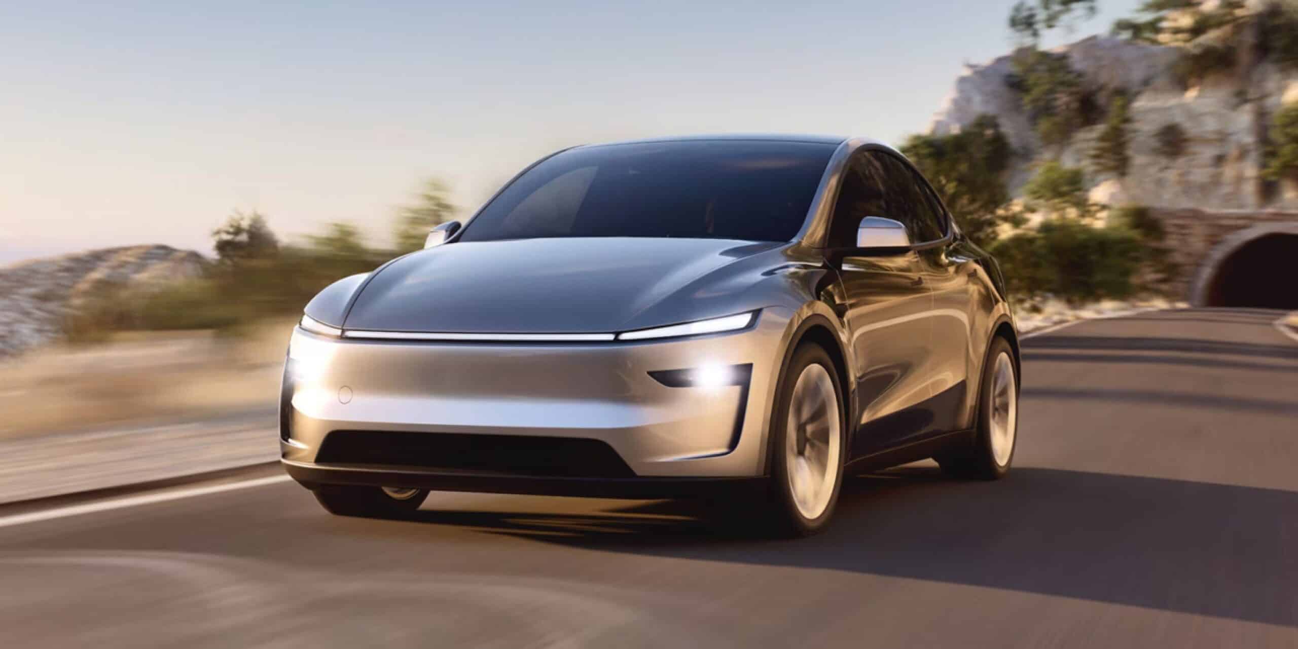 2025 Tesla Model Y A Sleek Evolution of Electric Driving | Brimco 2025 tesla model y electric vehicle driving on a mountain road at sunset
