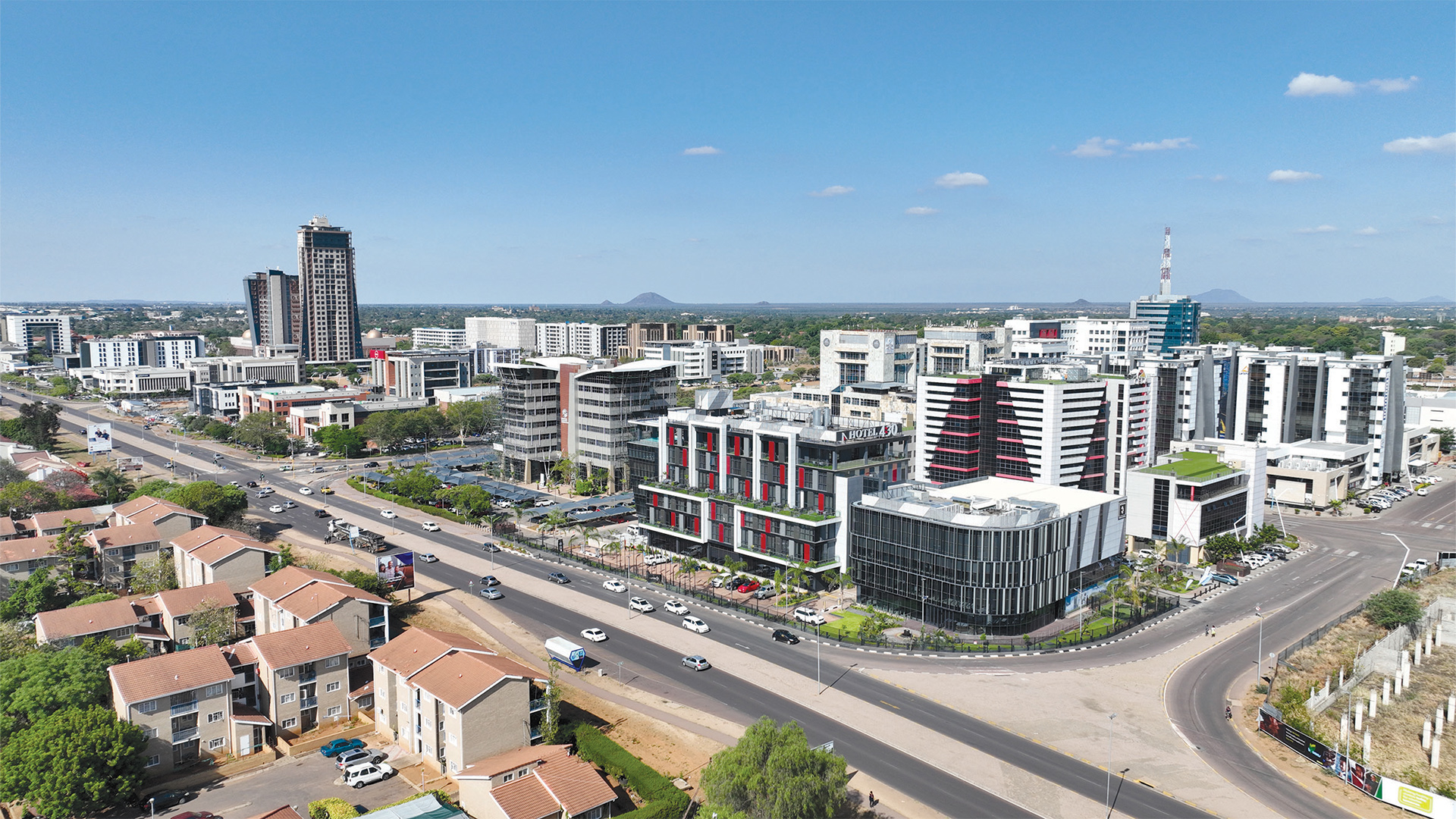 Aerial photo of gaborone botswana showing modern buildings roads and skyline