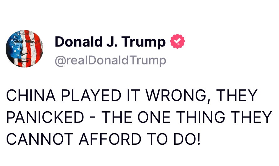 Trump Declares “China Played It Wrong” on Truth Social | Brimco Screenshot of donald j Trumps truth social post reading china played it wrong they panicked the one thing they cannot afford to do