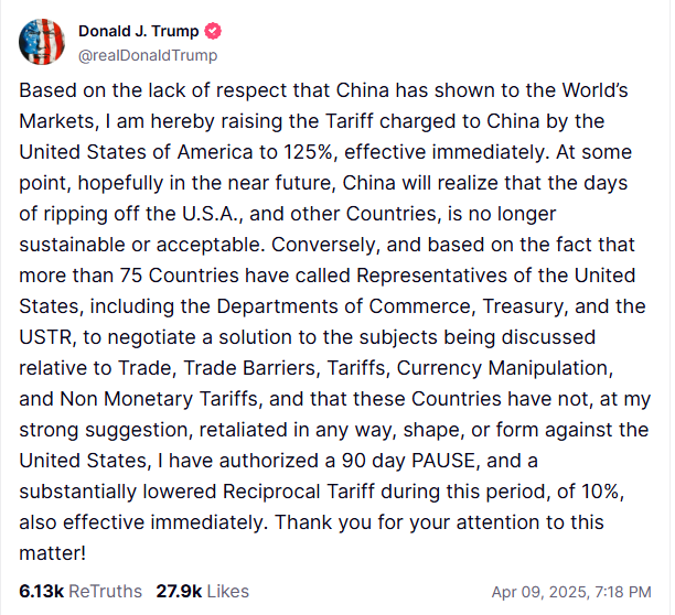 Trump Announces 125% China Tariff & 90‑Day Pause on Truth Social | Brimco Screenshot of donald j Trumps truth social post based on the lack of respect that china has shown i am hereby raising the tariff charged to china to 125 effective immediately i have authorized a 90 day pause of 10 also effective immediately