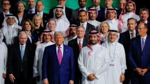 Donald j Trump and mohammed bin salman among delegates at the saudi us investment forum 2025 in riyadh surrounded by global business and political leaders