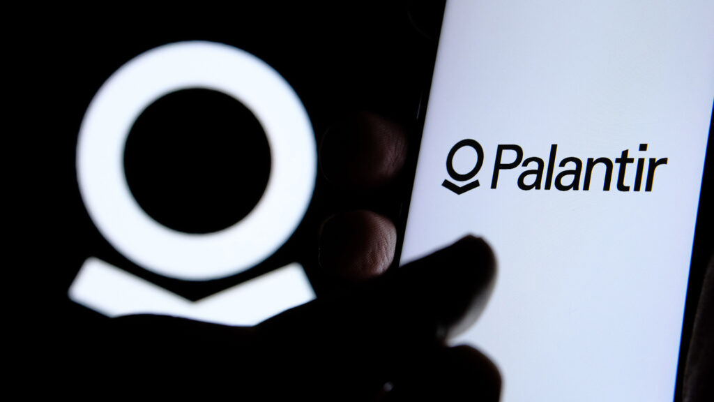 Palantir technologies logo displayed on a smartphone screen highlighting the companys focus on data driven intelligence