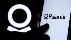 Palantir technologies logo displayed on a smartphone screen highlighting the companys focus on data driven intelligence
