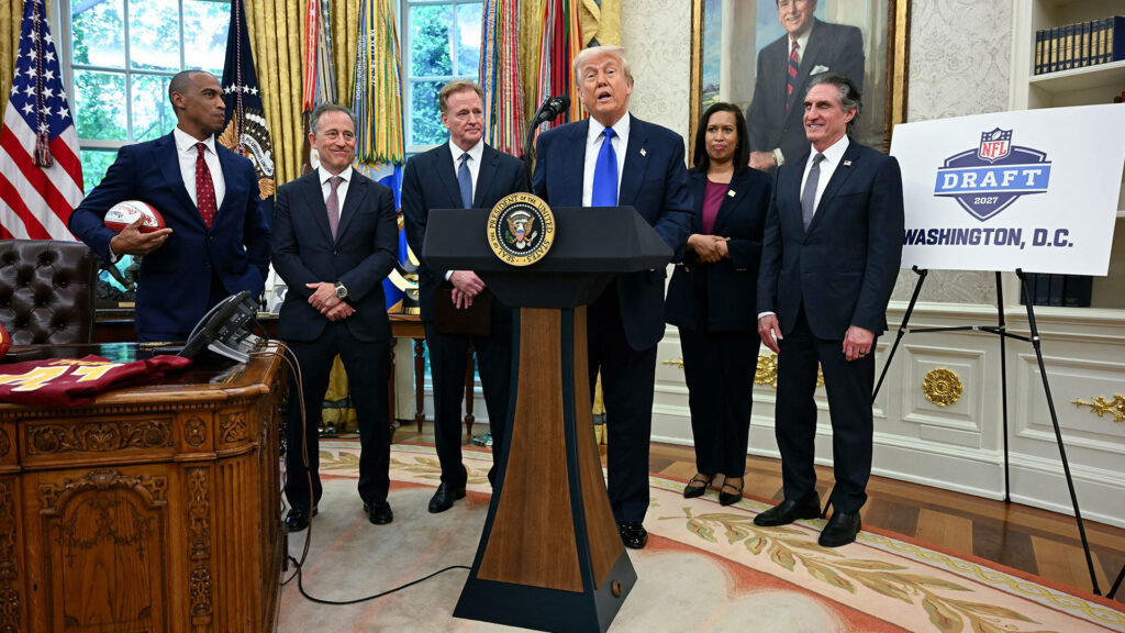 President donald trump announces the 2027 nfl draft in the oval office with roger goodell mayor muriel bowser doug burgum and other officials
