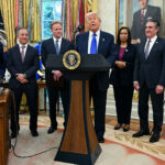 President donald trump announces the 2027 nfl draft in the oval office with roger goodell mayor muriel bowser doug burgum and other officials