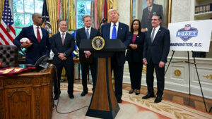 President donald trump announces the 2027 nfl draft in the oval office with roger goodell mayor muriel bowser doug burgum and other officials