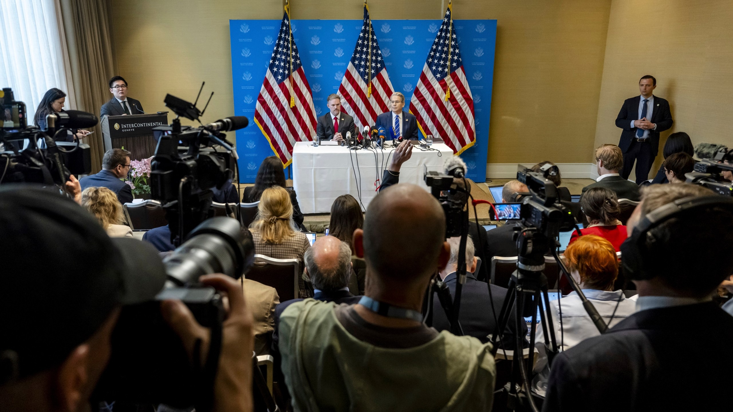 US-China Trade Talks Press Conference in Geneva | Brimco U S Secretary of the treasury scott bessent and u S Trade representative jamieson greer at a press conference in geneva switzerland with cameras and journalists in the foreground