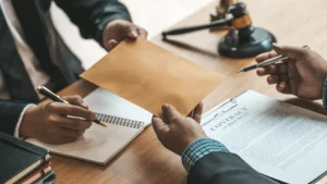 Business professionals exchanging an envelope over a contract agreement during a legal or financial discussion