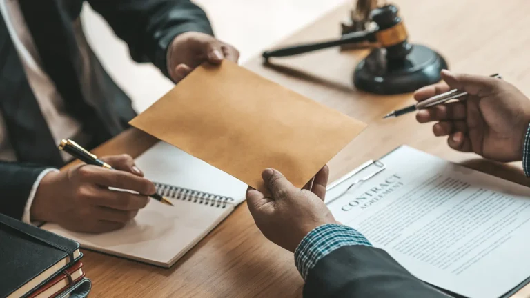 Business professionals exchanging an envelope over a contract agreement during a legal or financial discussion