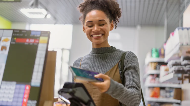 Smiling customer using a card at a modern point of sale system in a retail store