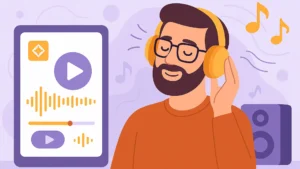 Illustration of a bearded man enjoying music with headphones surrounded by sound icons and a digital audio interface