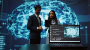 Ai developers discussing machine learning algorithms with neural network visuals in the background