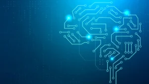 Futuristic ai brain circuitry visual on a digital grid