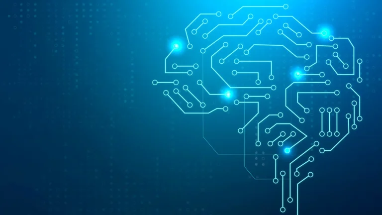 Futuristic AI brain circuitry visual on a digital grid