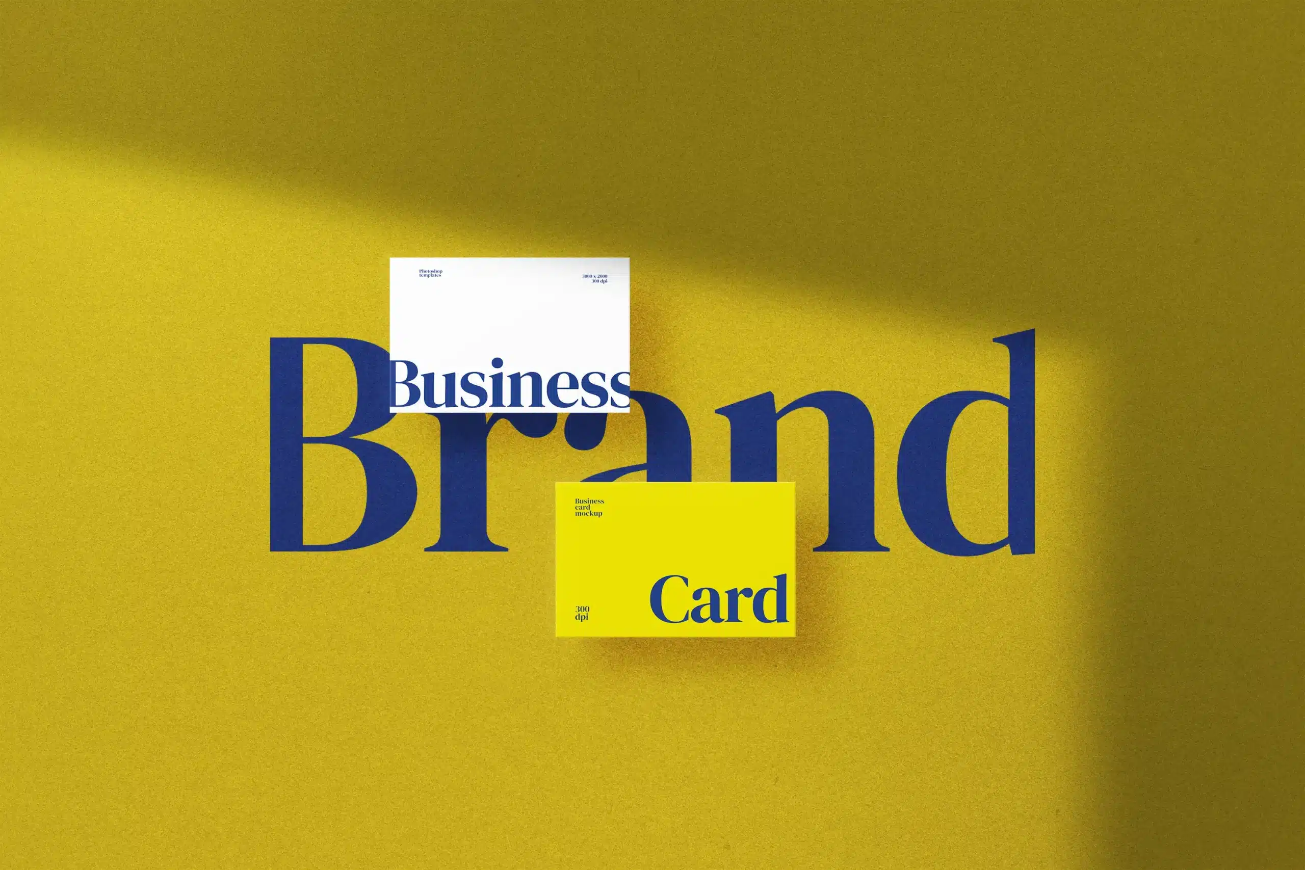 Two business cardsone white one yellowplaced over the word brand on a vibrant yellow background illustrating brand identity and design