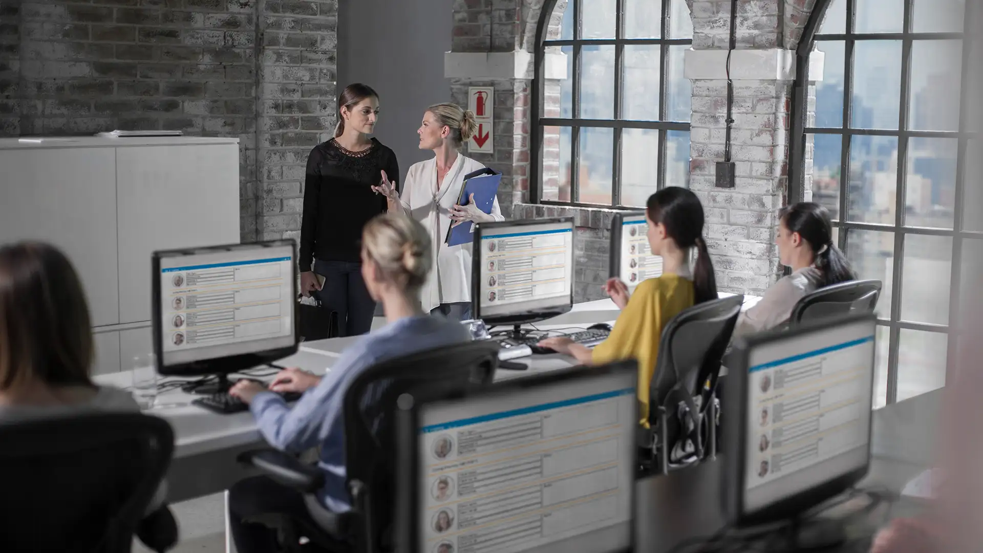 Office team of nonprofit professionals working on desktop computers in a modern workspace with two colleagues in discussion near large windows