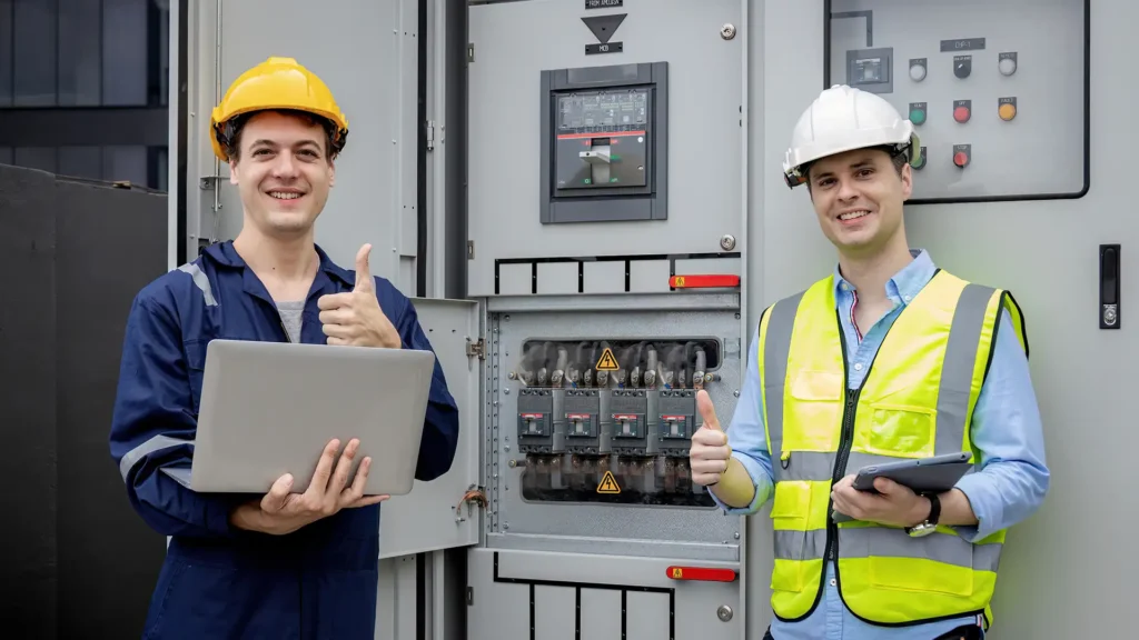 Two electrical engineers managing utility control systems with laptops and tablets.