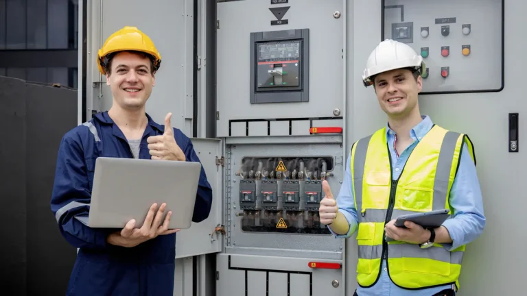 Two electrical engineers managing utility control systems with laptops and tablets