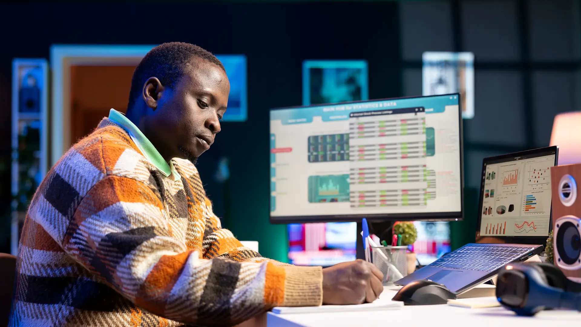 African data scientist analyzing business reports on computer screens