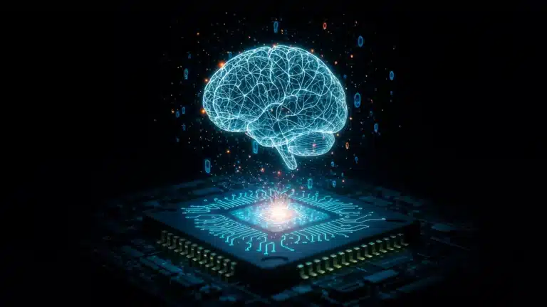 Futuristic ai brain above a computer chip representing machine learning technology