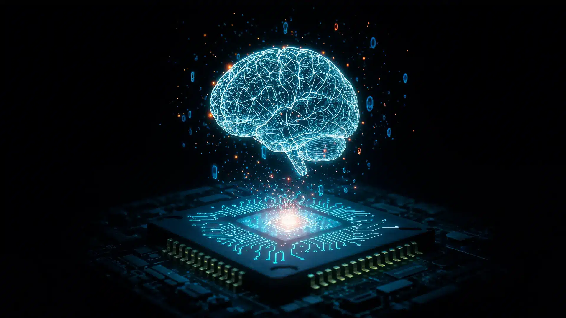 Futuristic ai brain above a computer chip representing machine learning technology