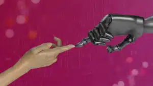 Robot hand and human hand touching fingers over a tech background