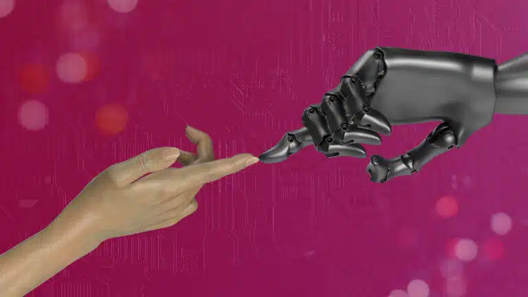 Robot hand and human hand touching fingers over a tech background