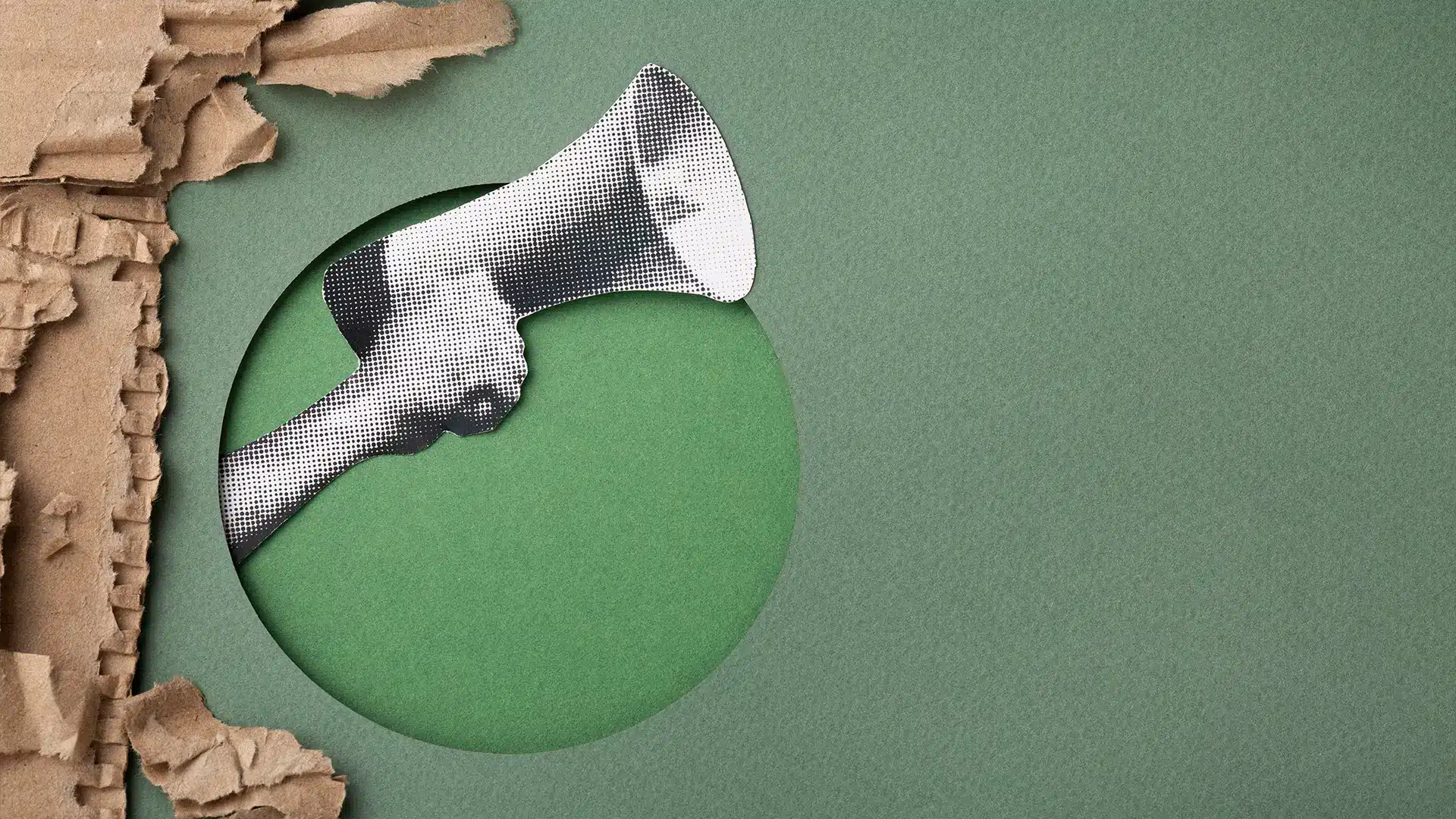 Creative Brand Storytelling Announcement Concept | Brimco Hand holding a megaphone through torn paper on a textured green background