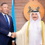 President duma boko and sheikh mansour al thani shaking hands after signing the $12 billion botswana qatar investment deal