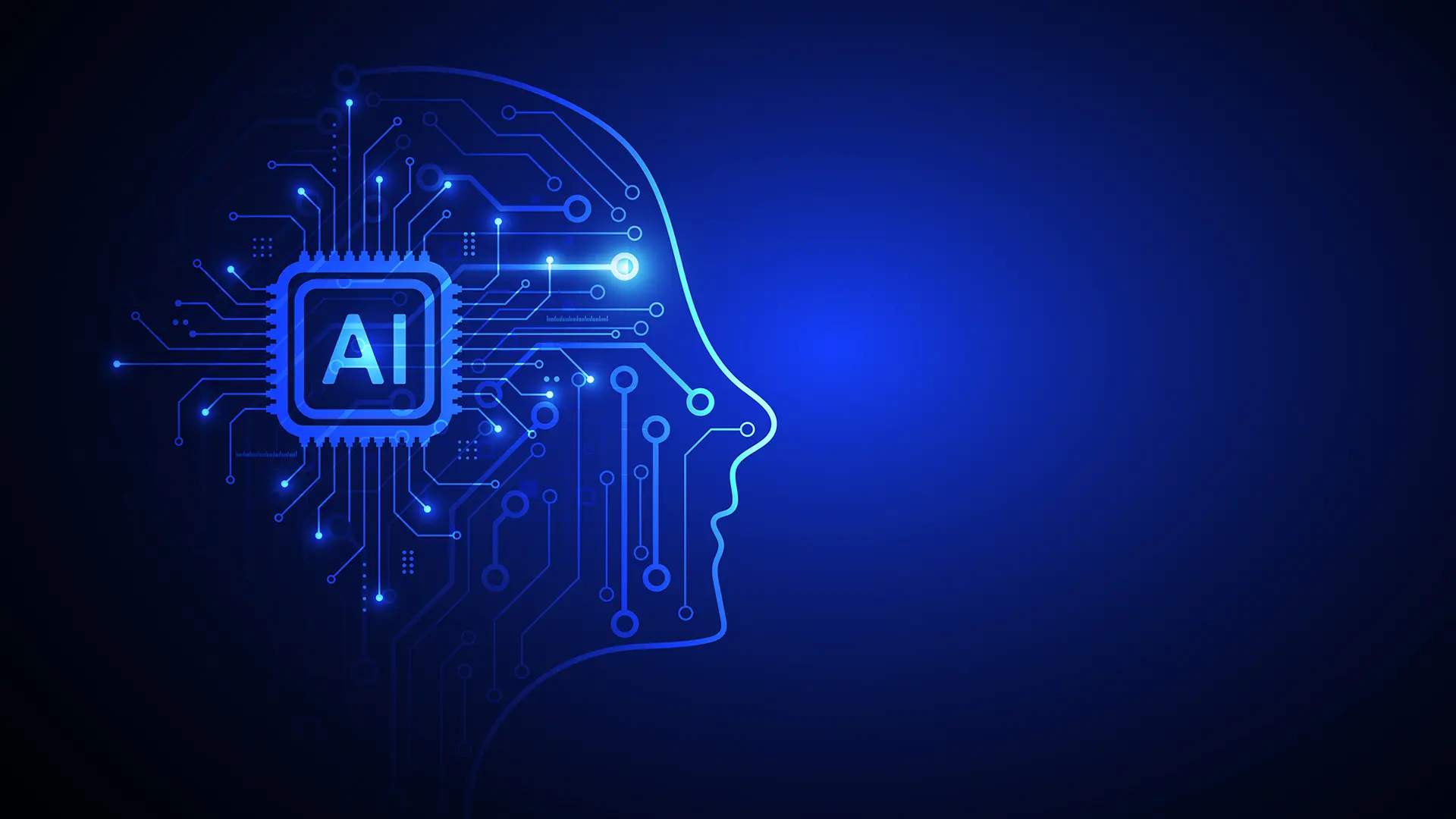 Abstract ai digital brain illustration with circuits and microchip glowing in blue light