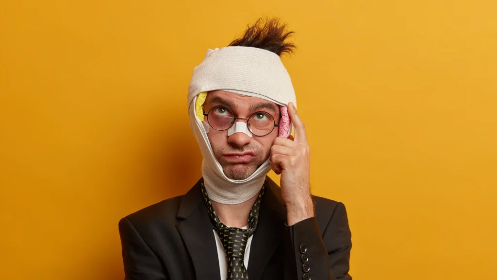 Injured office worker with bandages on head and face symbolizing workplace incidents