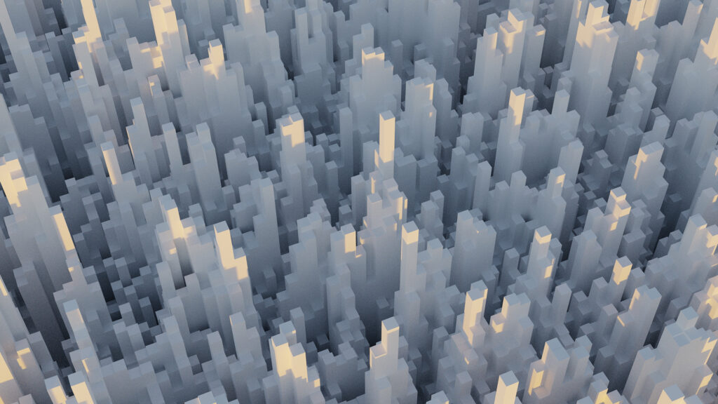 3D abstract cityscape with blocky skyscrapers in cool blue tones and soft lighting, resembling a digital urban environment.