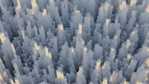 3d abstract cityscape with blocky skyscrapers in cool blue tones and soft lighting resembling a digital urban environment