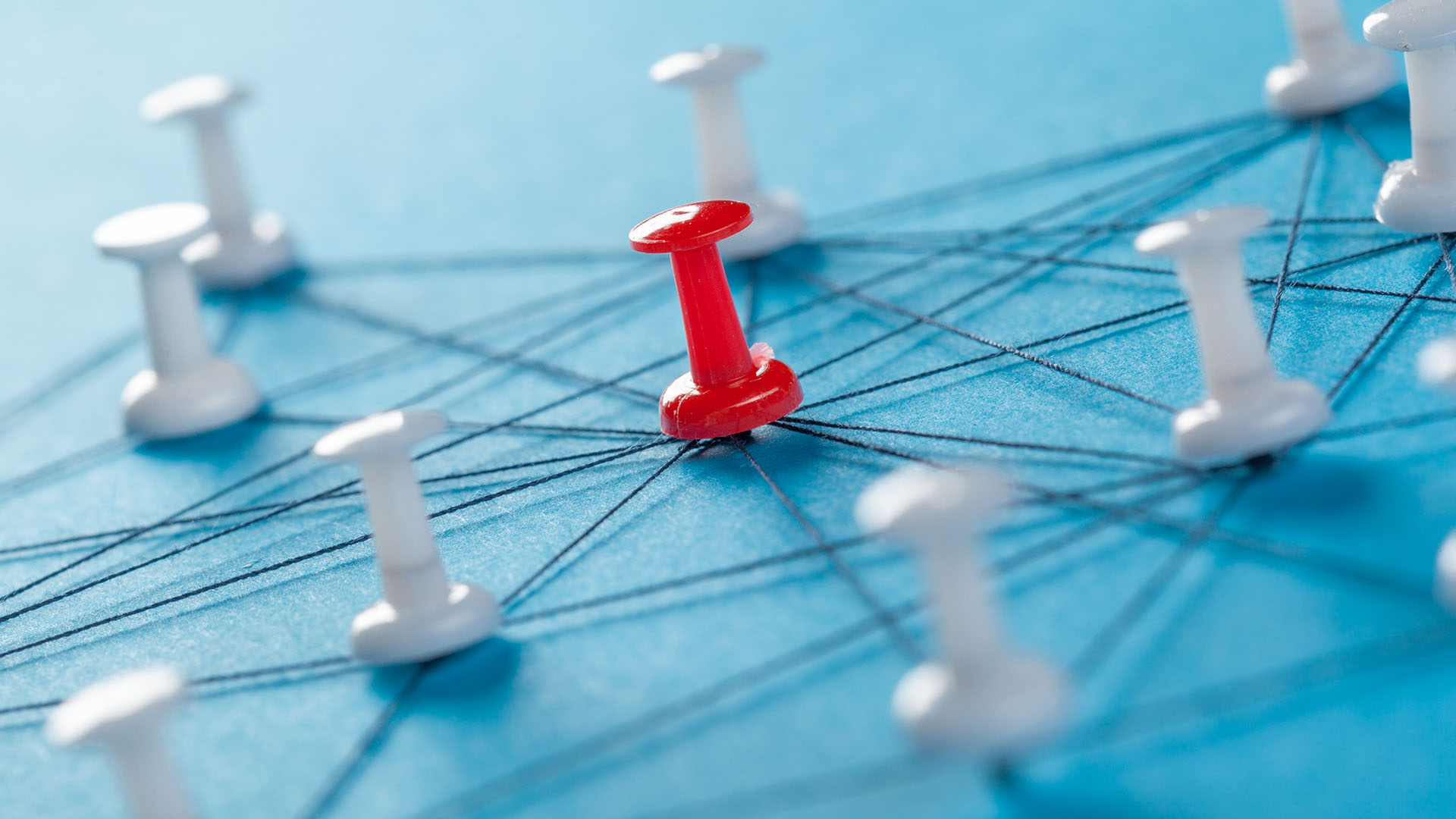 Red push pin in a network of strings with white pins on blue background