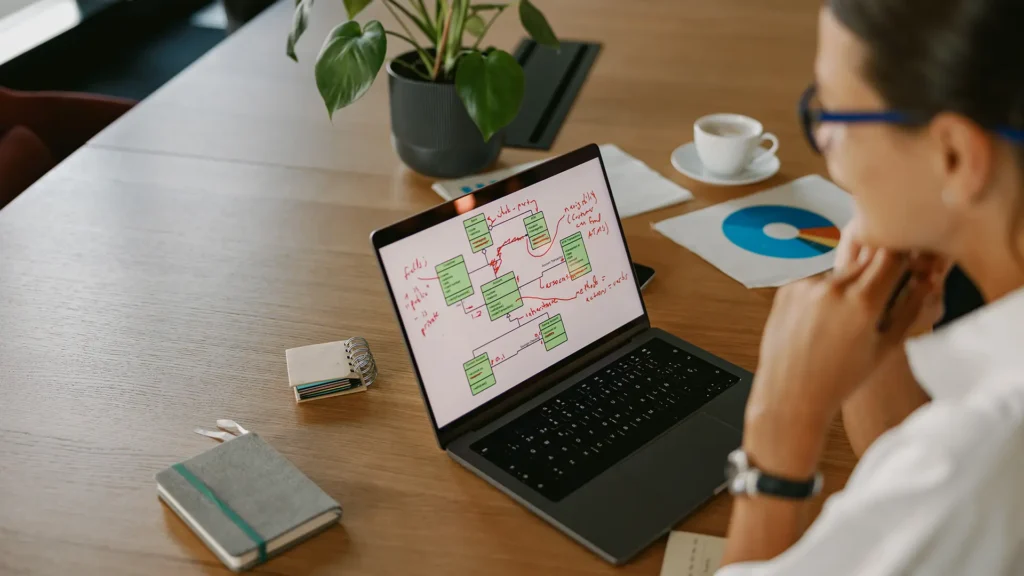 Professional reviewing a workflow diagram on a laptop during a planning session