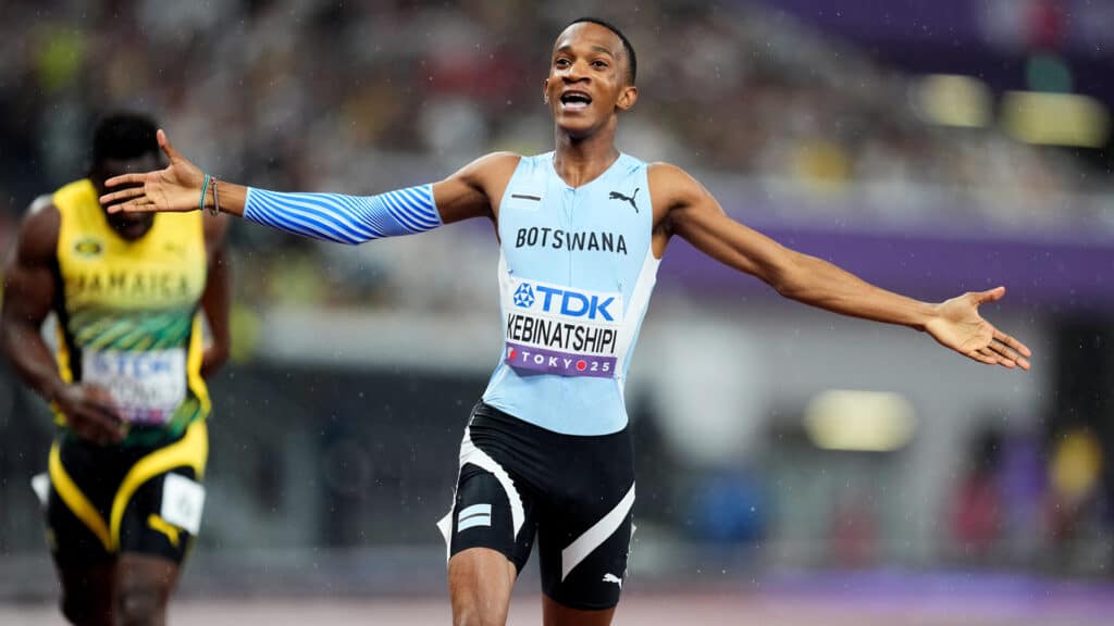 Busang kebinatshipi of botswana celebrates after winning the 400m final at the 2025 world championships in tokyo